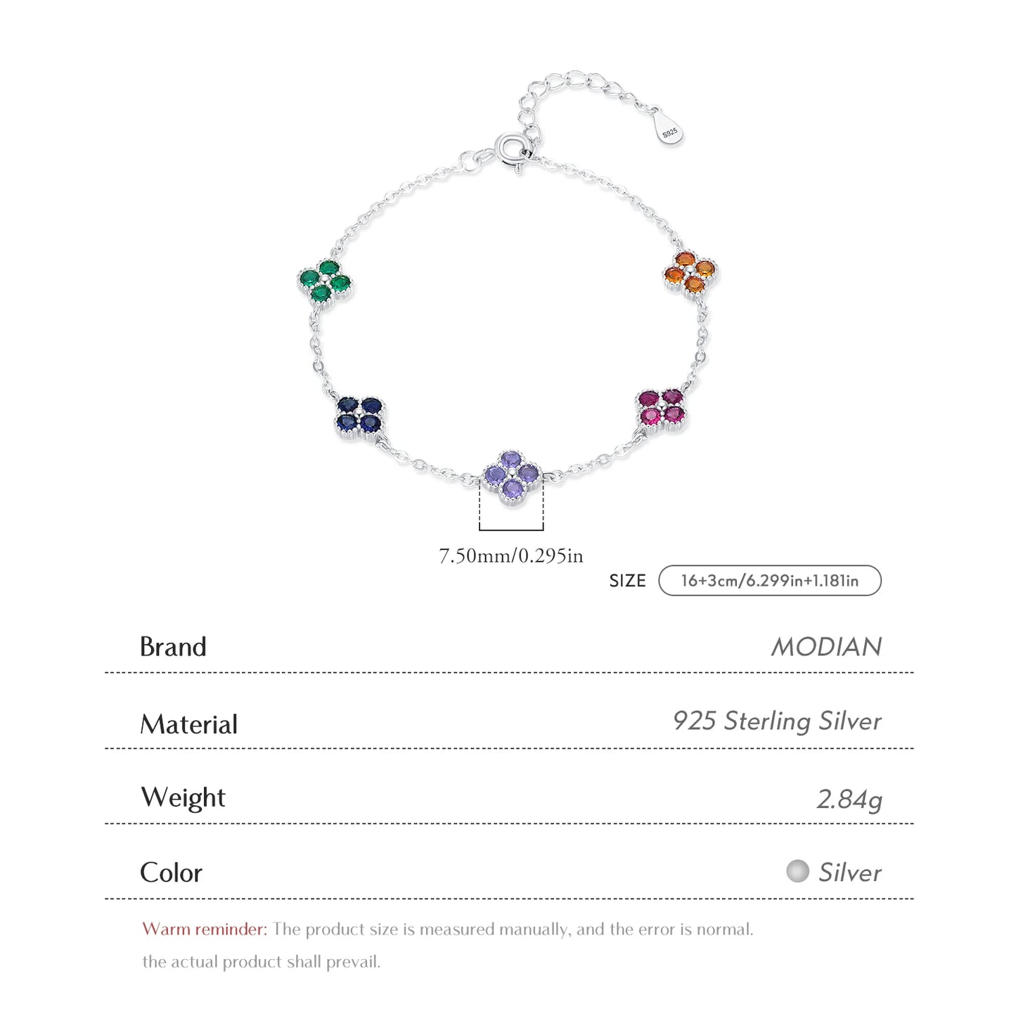 925 Sterling Silver Sweet Four Leaf Clover Colorful Zirconia Charm Fashion Stackable Bracelet for Women Fine Jewelry