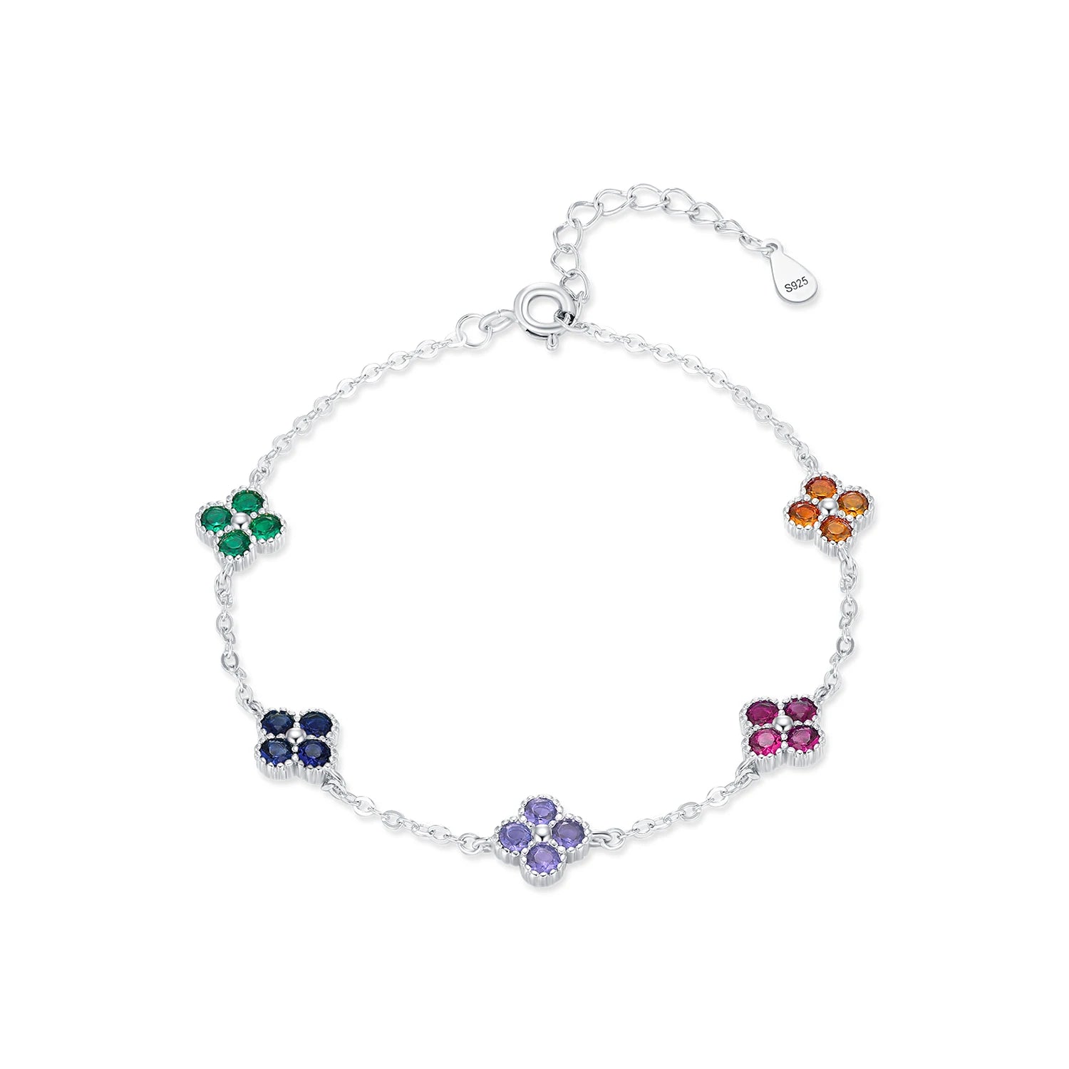 925 Sterling Silver Sweet Four Leaf Clover Colorful Zirconia Charm Fashion Stackable Bracelet for Women Fine Jewelry