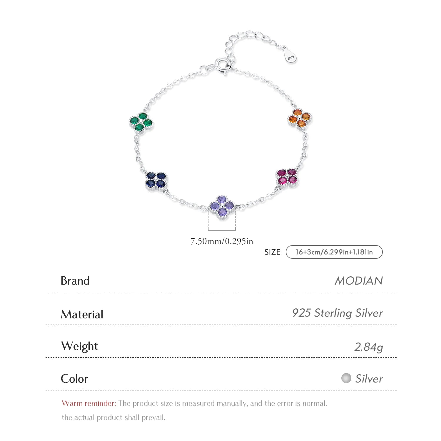 925 Sterling Silver Sweet Four Leaf Clover Colorful Zirconia Charm Fashion Stackable Bracelet for Women Fine Jewelry