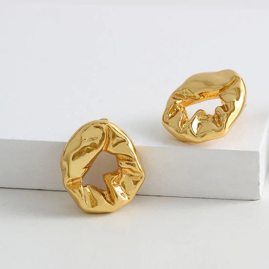 18 K Gold Plated Stud Earrings, Wrinkled Design, for Women, Men, Girls, Boys
