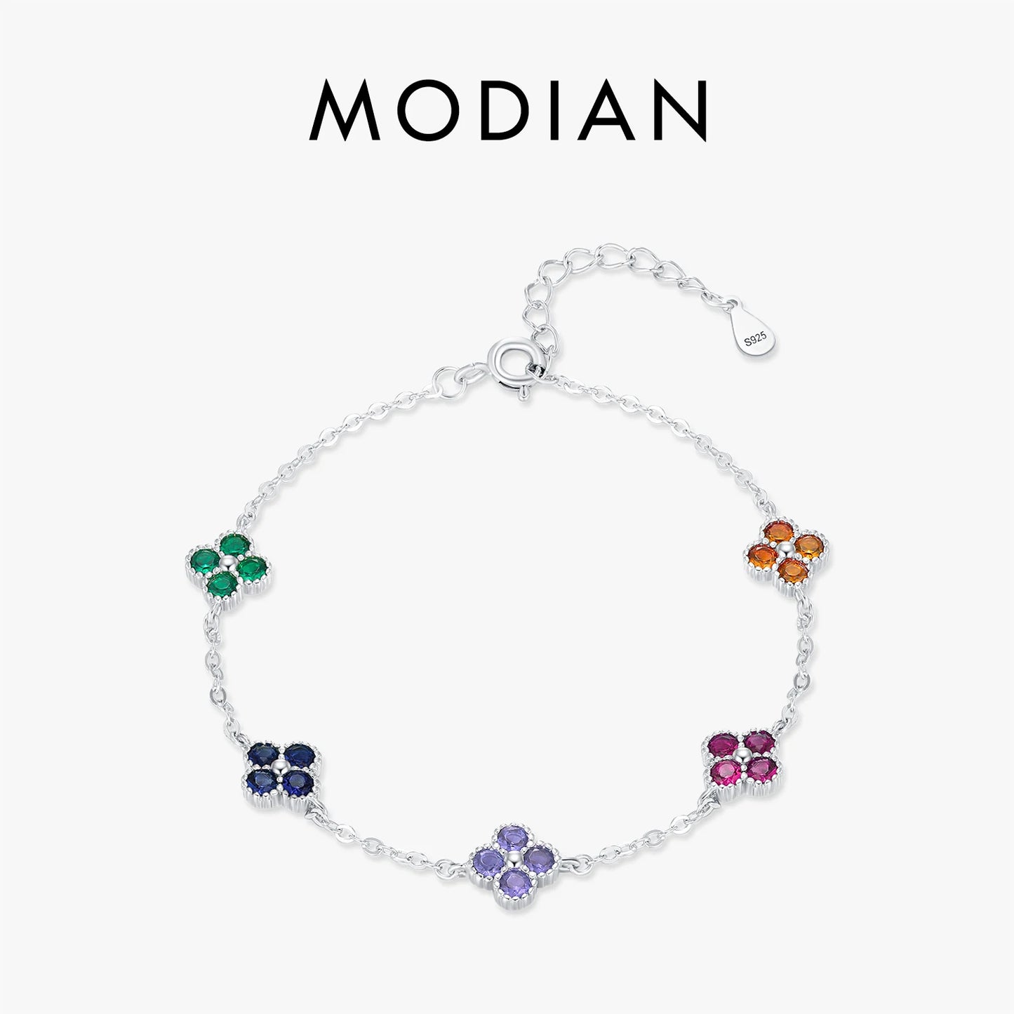 925 Sterling Silver Sweet Four Leaf Clover Colorful Zirconia Charm Fashion Stackable Bracelet for Women Fine Jewelry