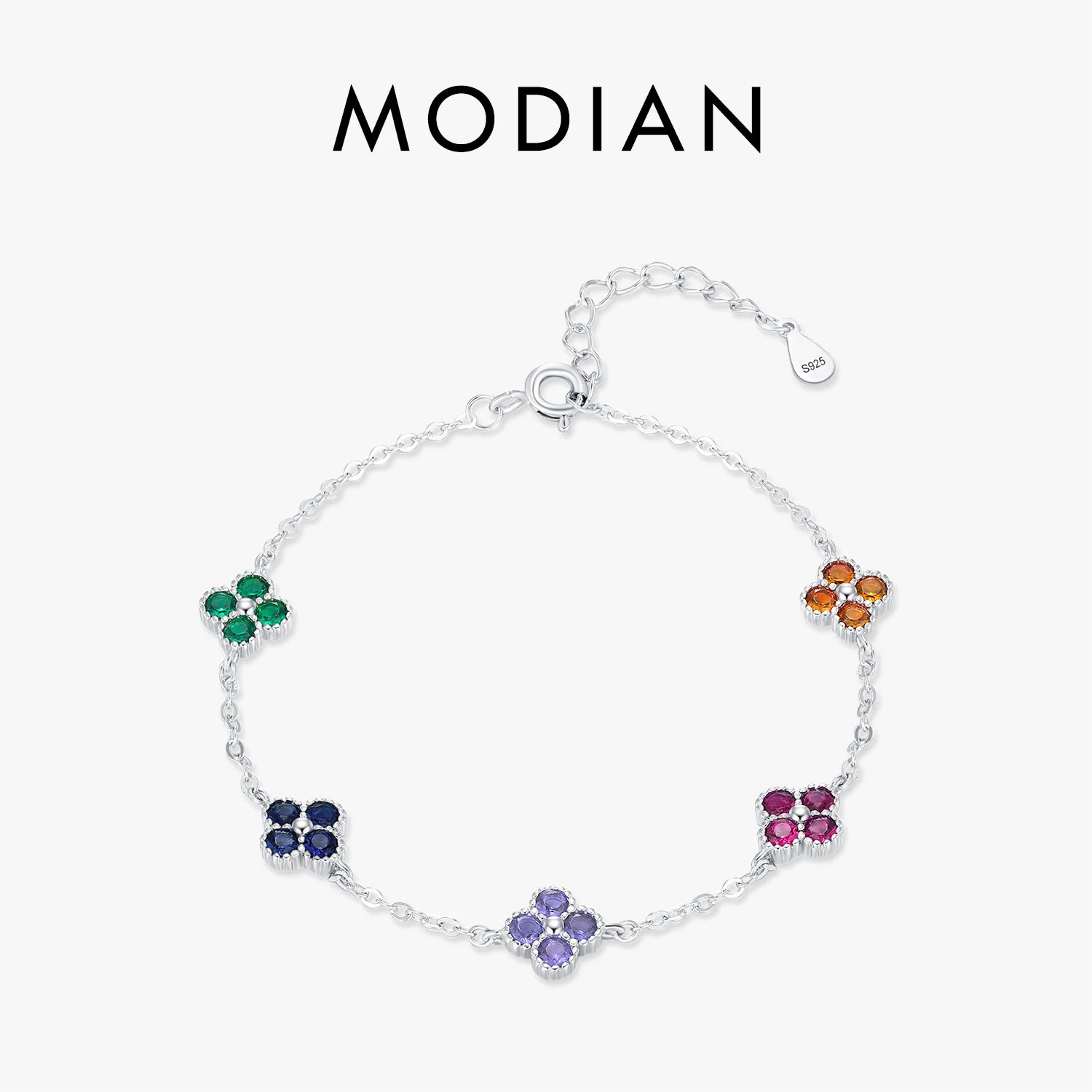 925 Sterling Silver Sweet Four Leaf Clover Colorful Zirconia Charm Fashion Stackable Bracelet for Women Fine Jewelry